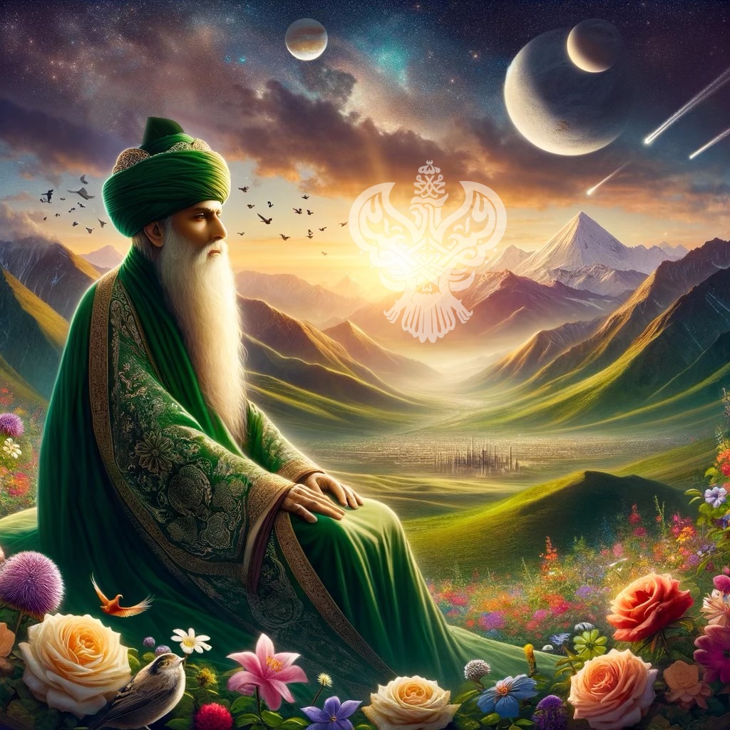 A sufi sitting on grass with surrounding him are flowers and hills