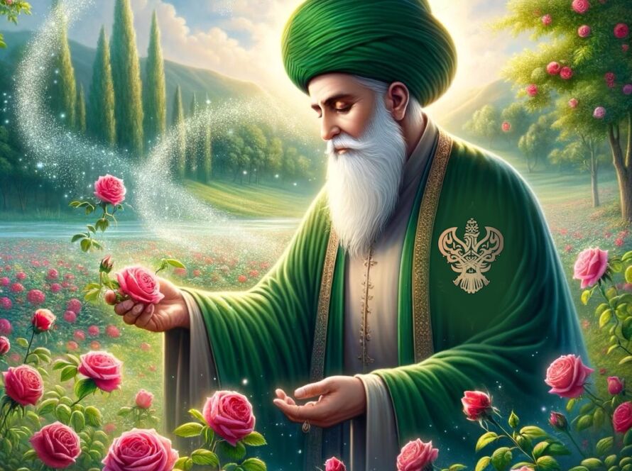 A sufi standing in a meadow filled with pink flowers