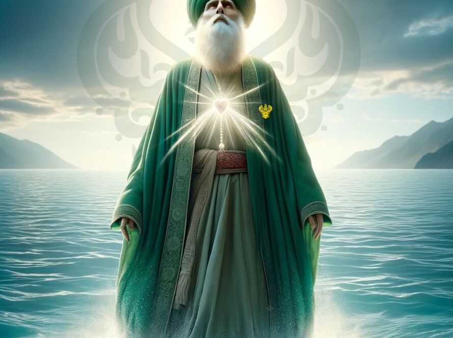 A sufi standing on water and light shining from his heart