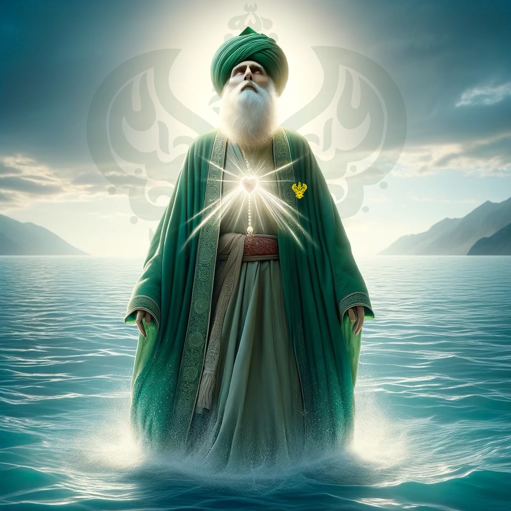 A sufi standing on water and light shining from his heart