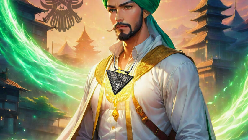 A sufi man with green energy behind him