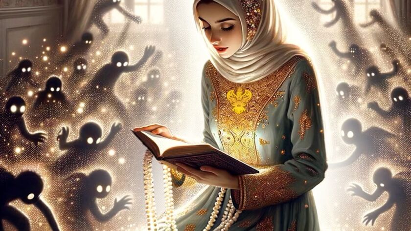 A sufi woman reading sitting down whole negative beings try to get close