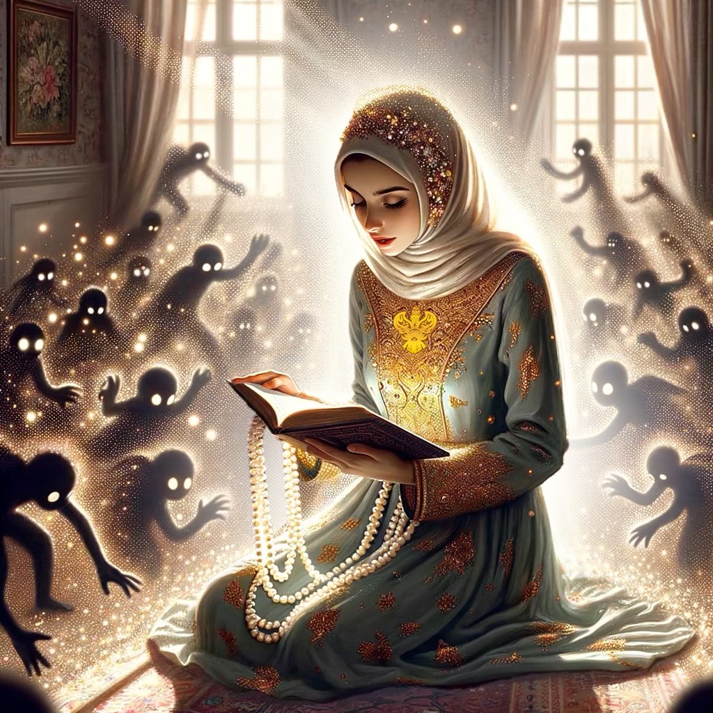 A sufi woman reading sitting down whole negative beings try to get close