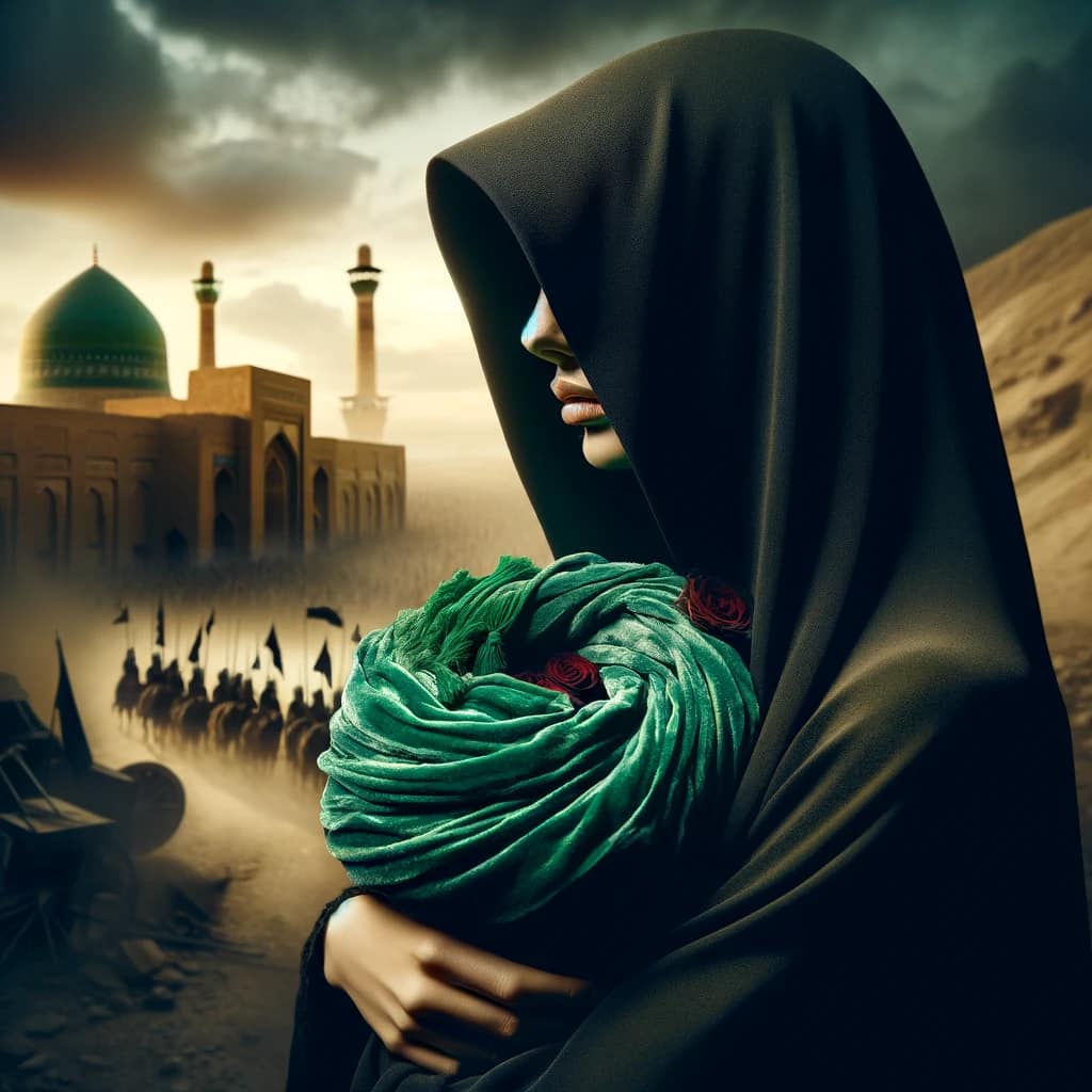 A woman in black with hijab holding a green turban while an army marches