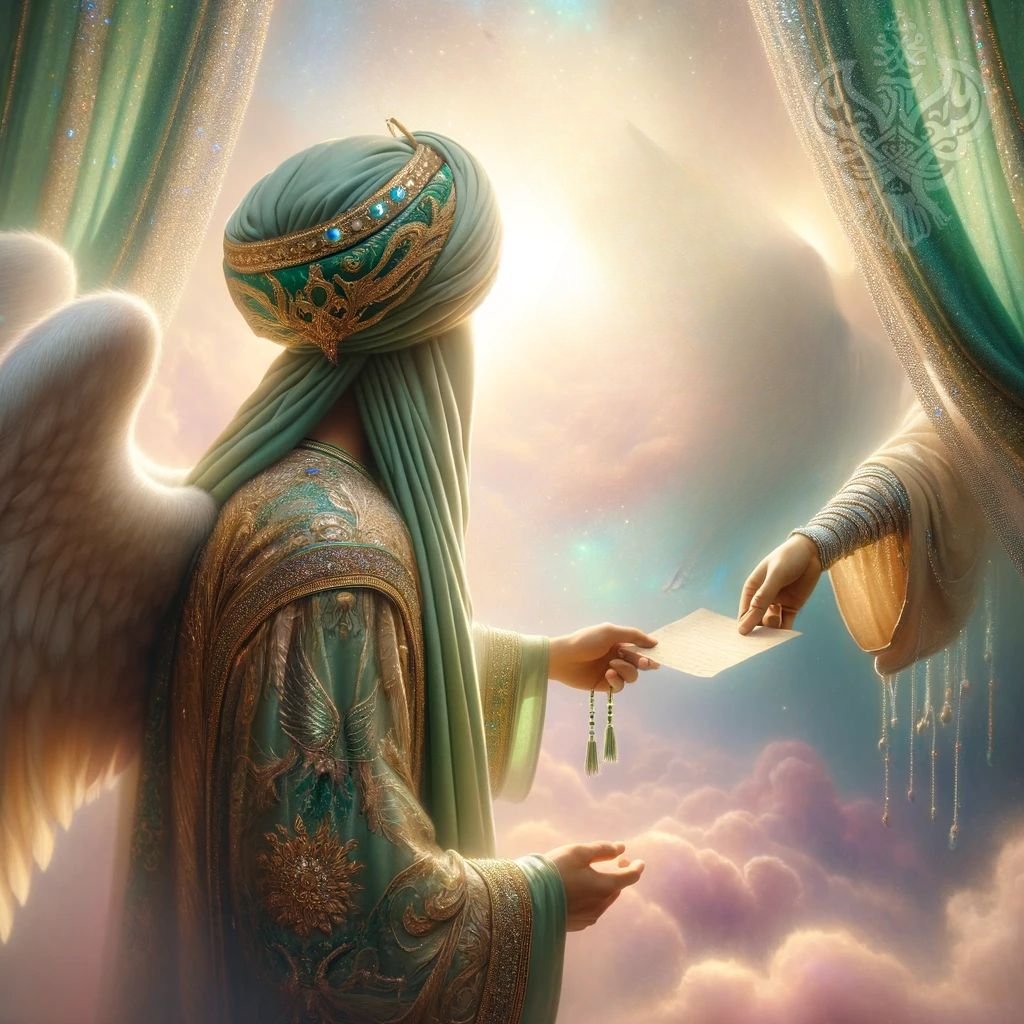 An Angel receiving a letter from behind a veil in the heavens