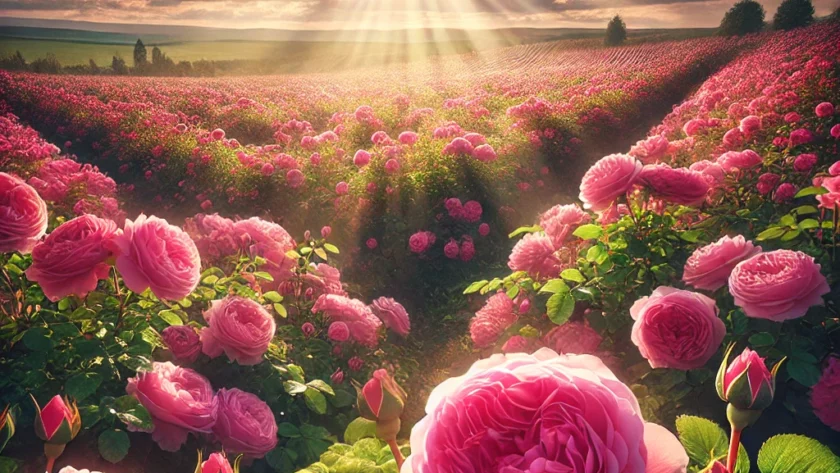 A field of pink roses