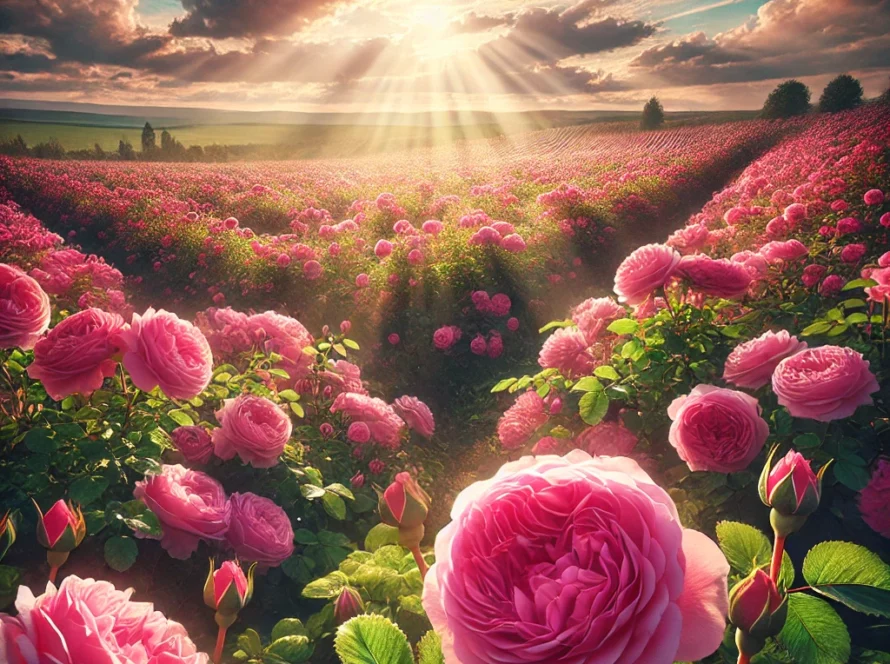 A field of pink roses