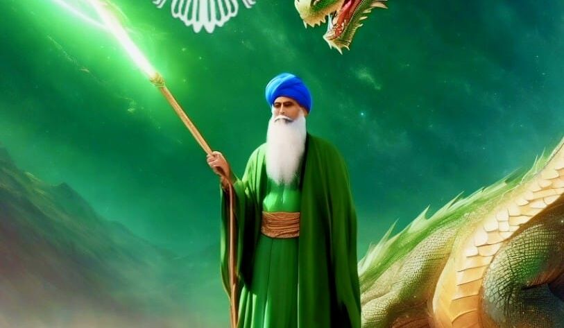 Man in green with a green dragon and a cane tipped by green lightening