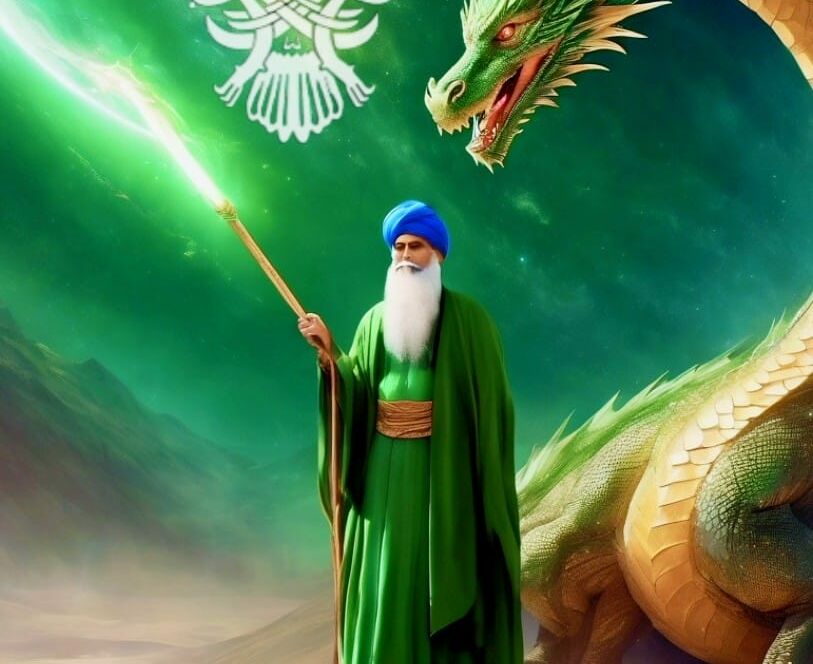 Man in green with a green dragon and a cane tipped by green lightening