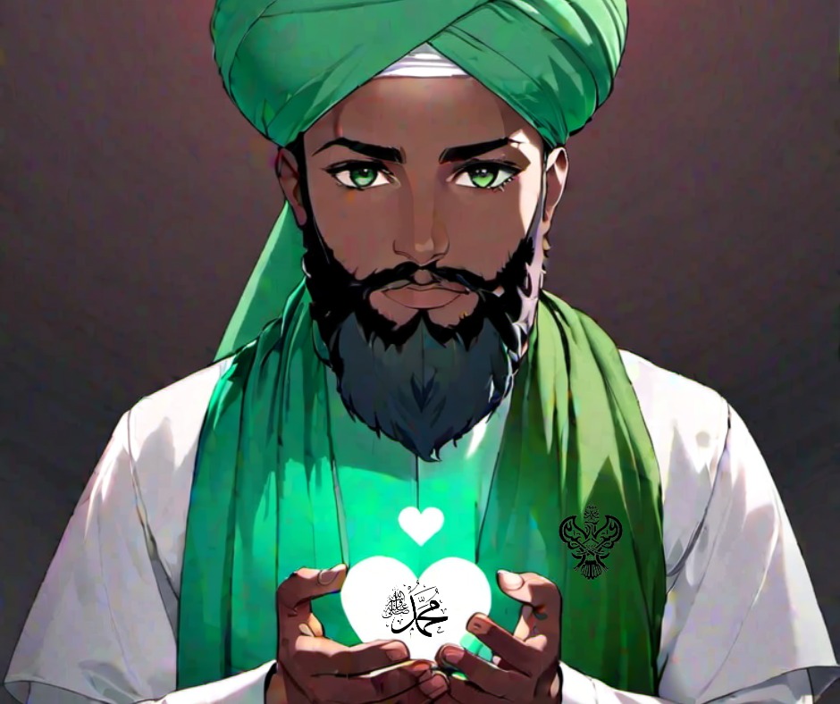 A brown sufi with green eyes holding a white heart
