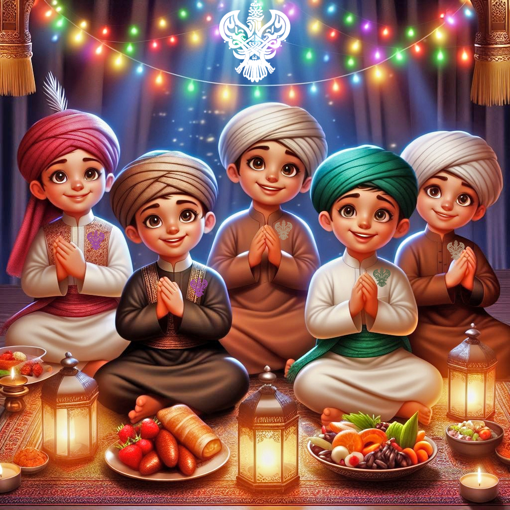 A group of sufi orphan children before a meal