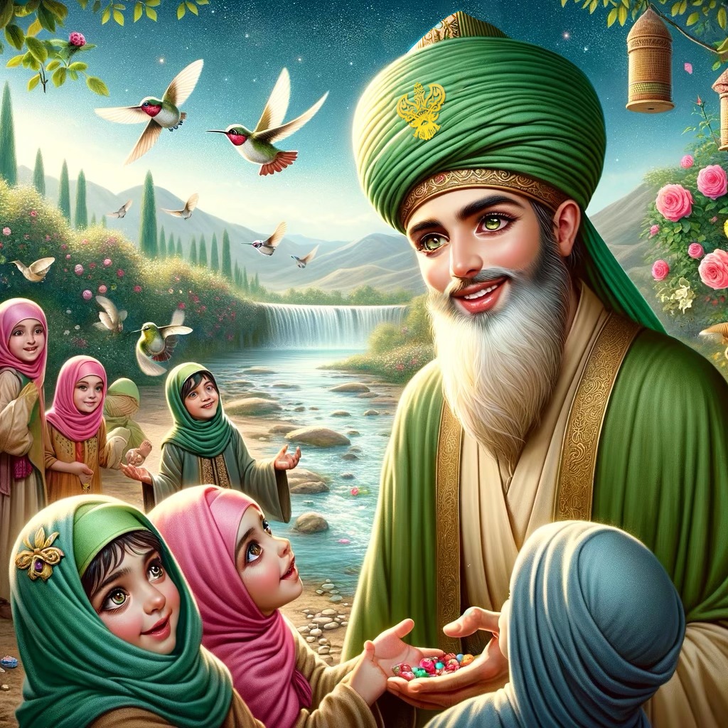 A sufi and children and a water and birds