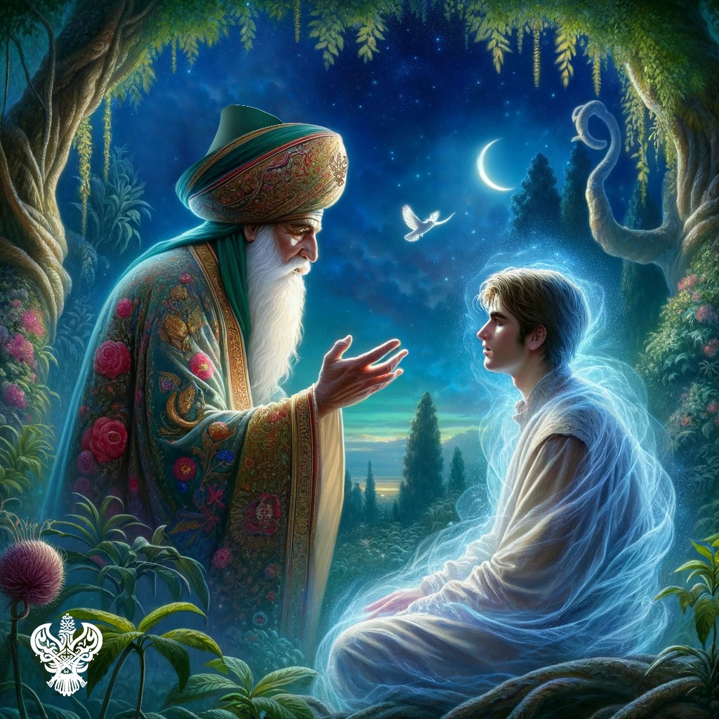 A sufi blessing his student at night in a garden