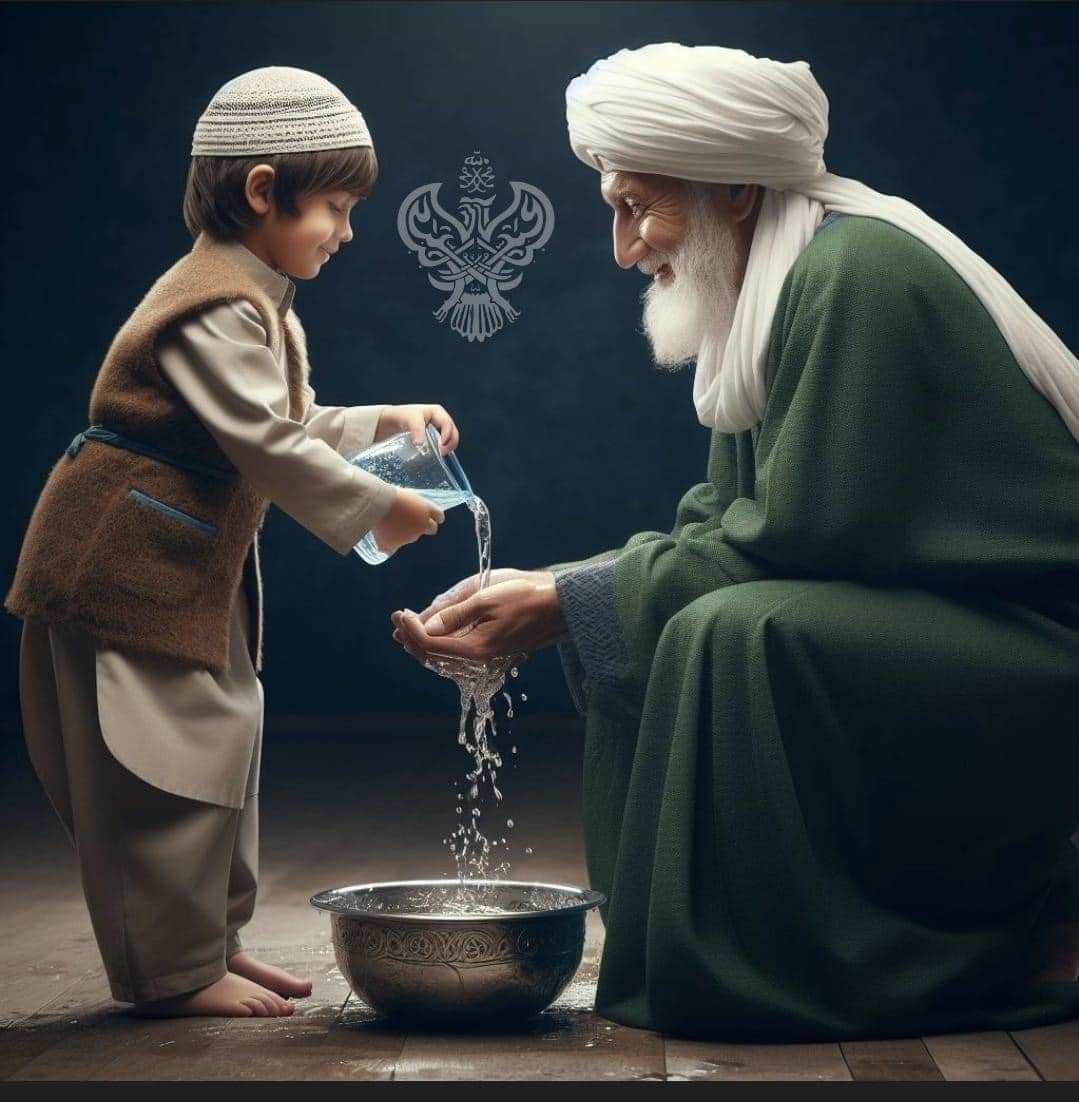 A sufi child pouring water for a sufi man and showing Adab