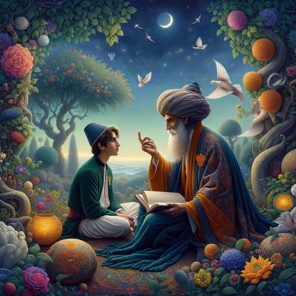 A sufi giving his student guidance in a colorful valley