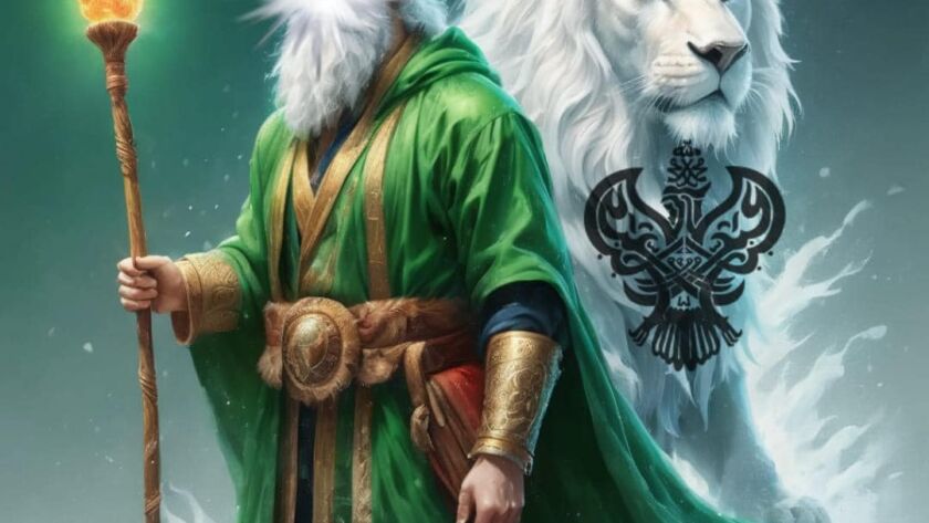 A sufi in green with a flaming staff and a white lion