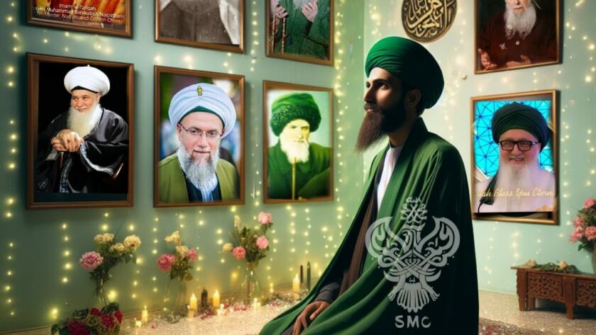 A sufi in his meditation room with Shaykh pics on the walls