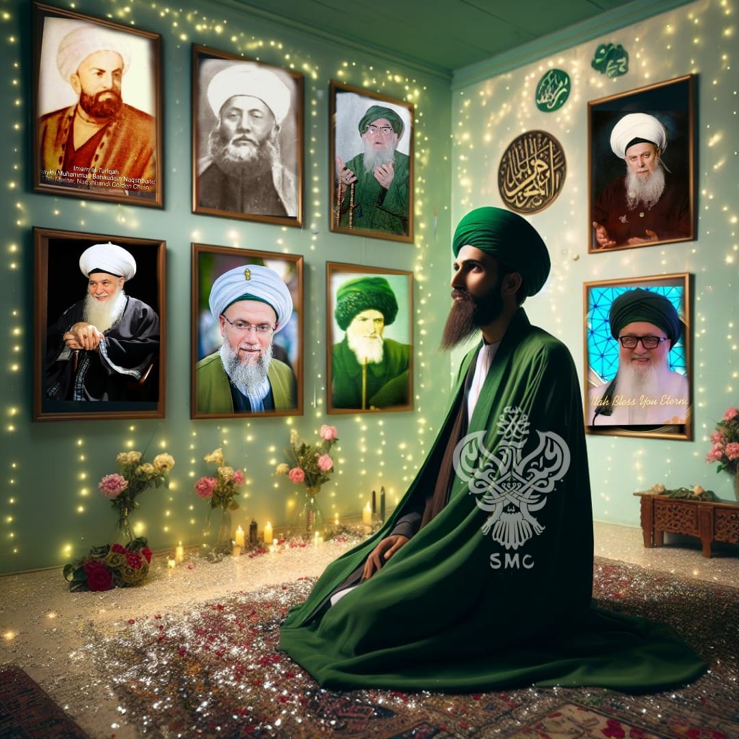A sufi in his meditation room with Shaykh pics on the walls