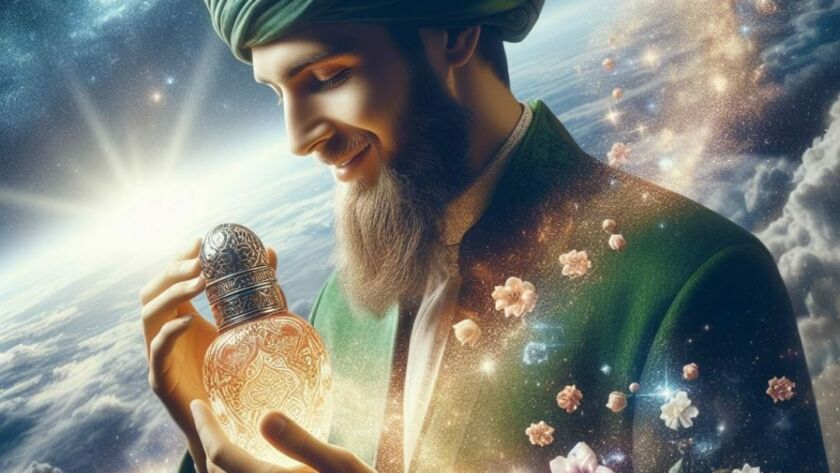 A sufi in the clouds with a glowing bottle of fragrance