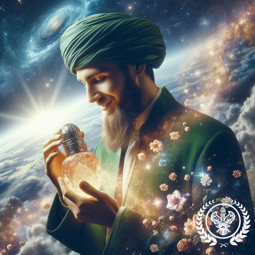 A sufi in the clouds with a glowing bottle of fragrance