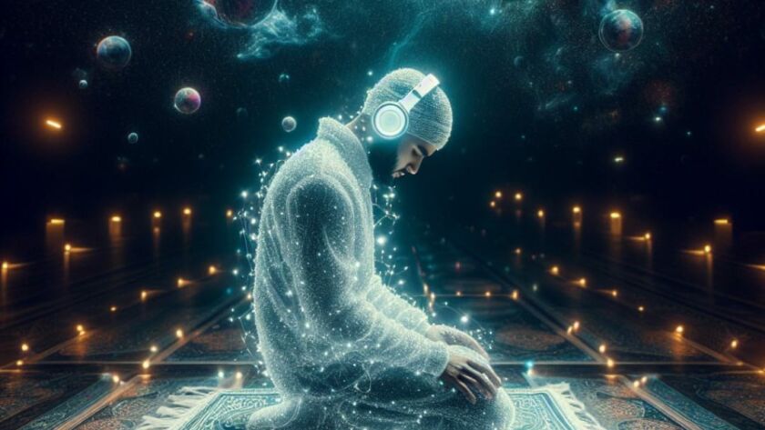 A sufi listening to salawat on headphones and meditating in space