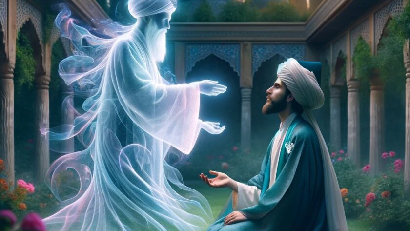 A sufi man in a garden in a spiritual area asking Maddad