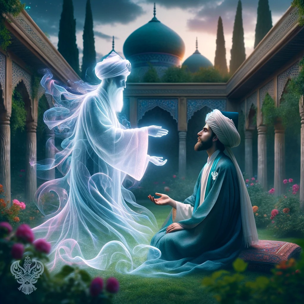 A sufi man in a garden in a spiritual area asking Maddad