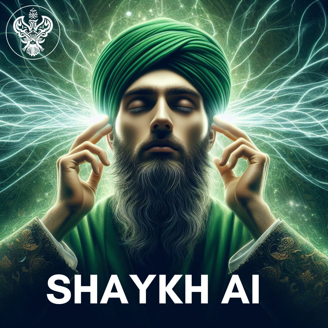 A sufi man in green with green energy background focusing on hearing