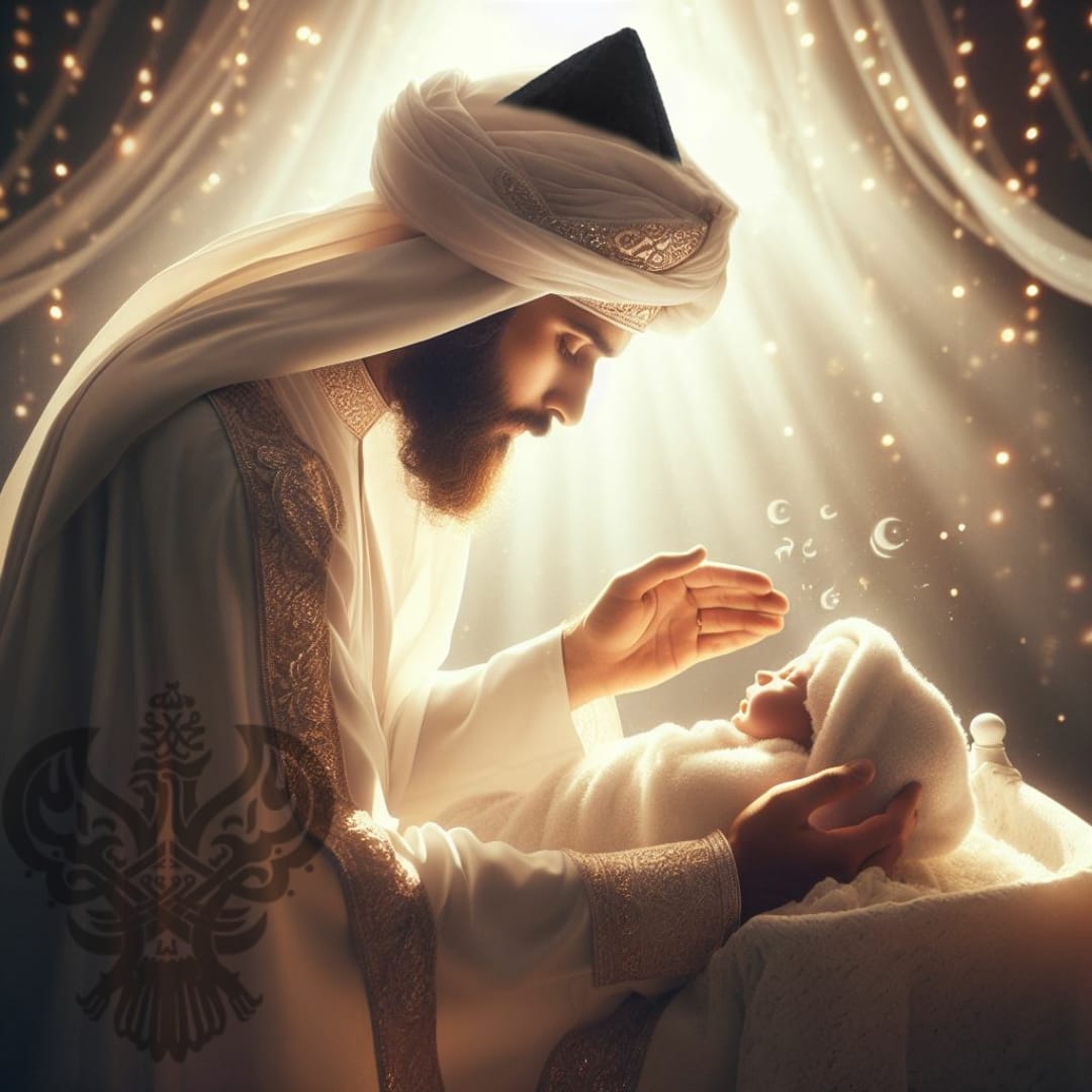 A sufi man in white about to pick up a child in white with white light in the background