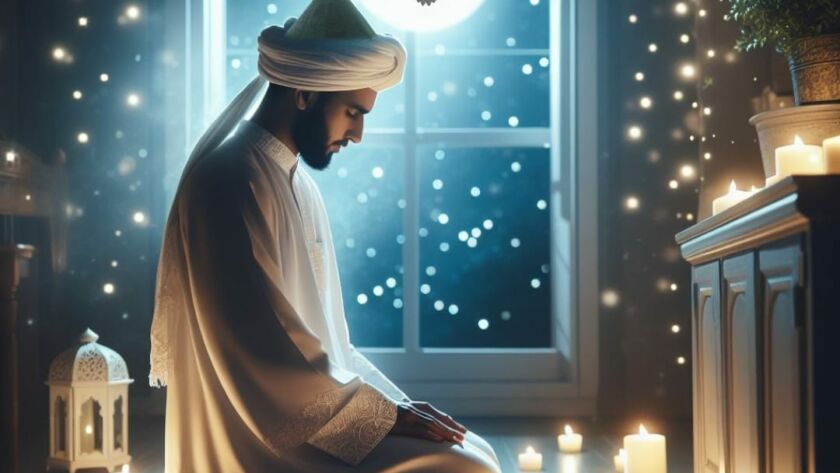 A sufi man in white praying Salatul Tahajud