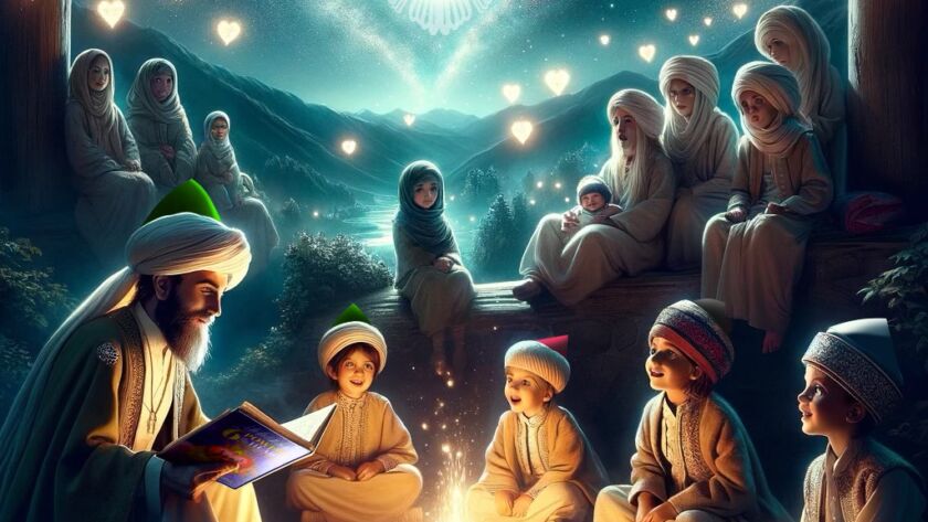 A sufi man in white with green turban teaching children over a fire