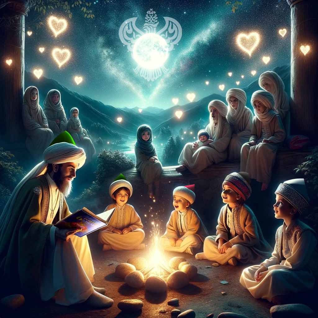A sufi man in white with green turban teaching children over a fire