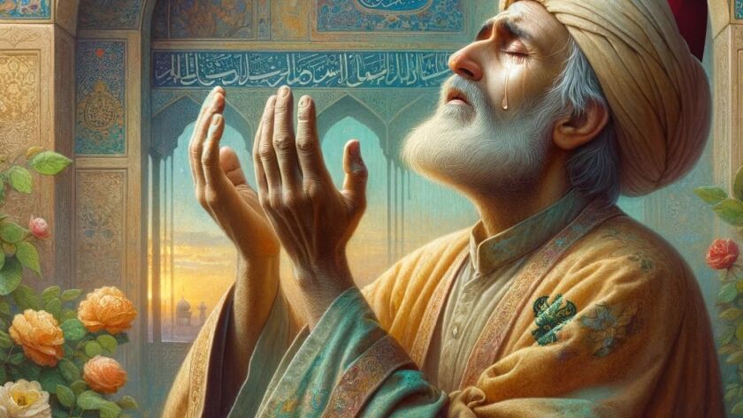 A sufi man seeking forgiveness by raising his hands and crying