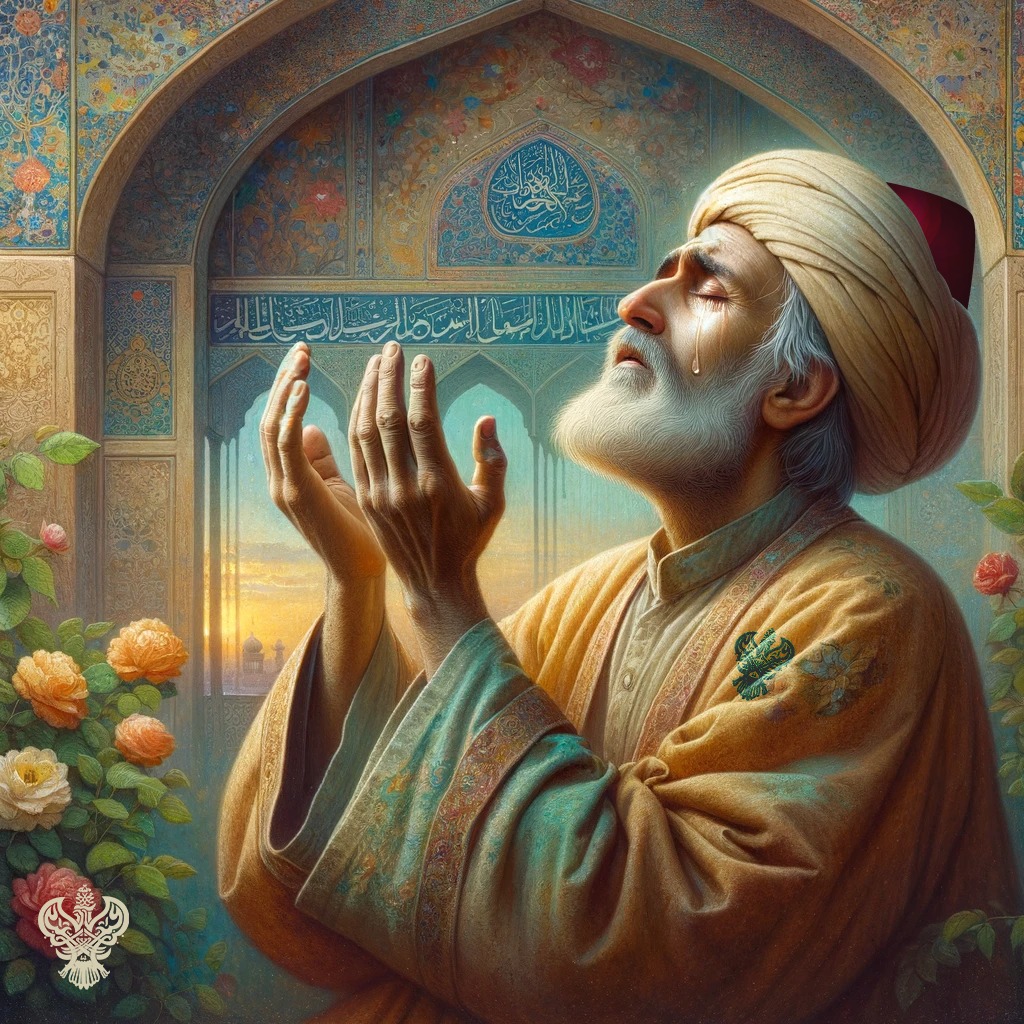 A sufi man seeking forgiveness by raising his hands and crying
