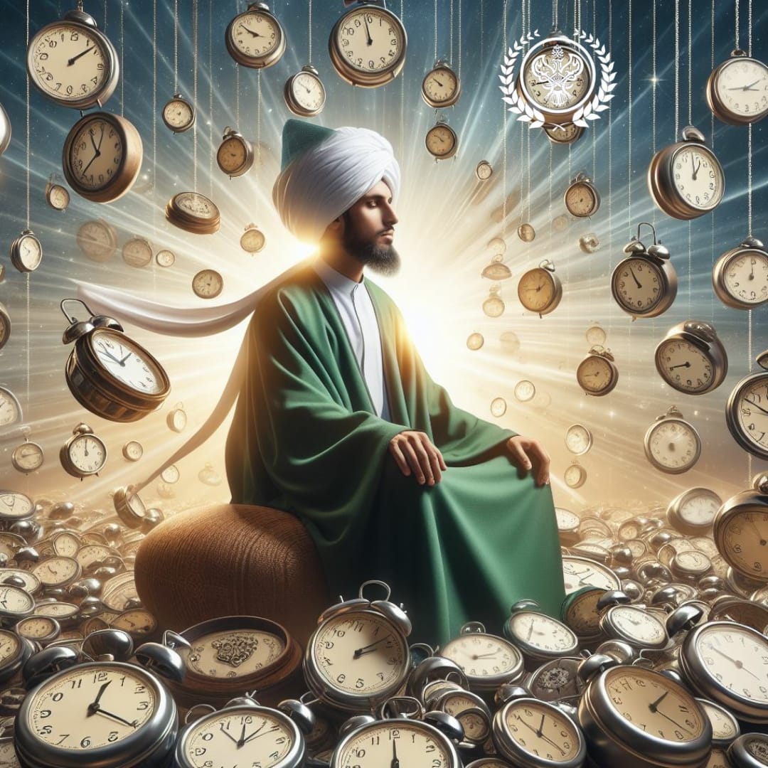 A sufi man sitting and clocks all around