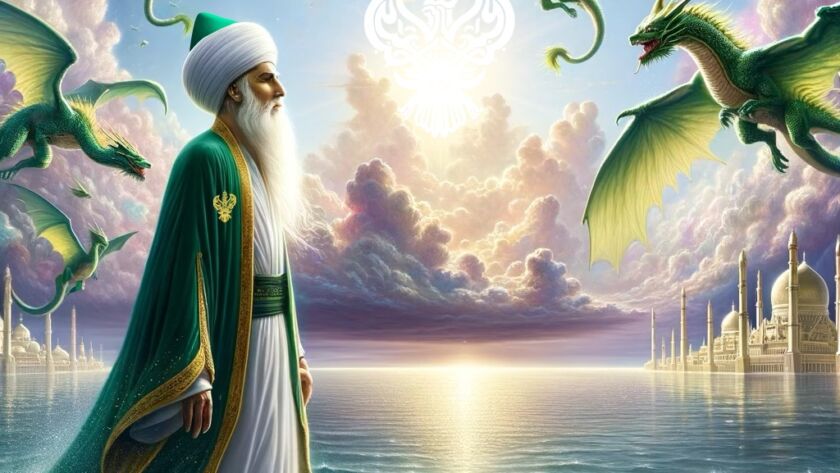 A sufi man standing on water with dragons flying above him