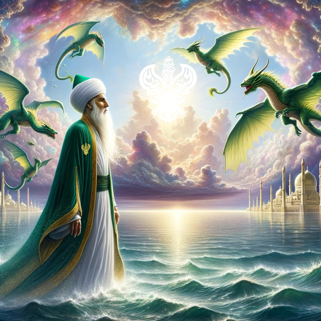 A sufi man standing on water with dragons flying above him