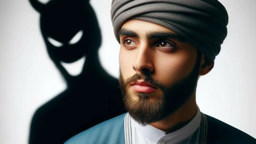 A sufi man with the shadow of a evil presence behind him