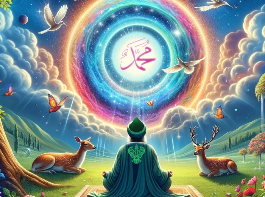 A sufi on a prayer mat outside with deers and a portal above him