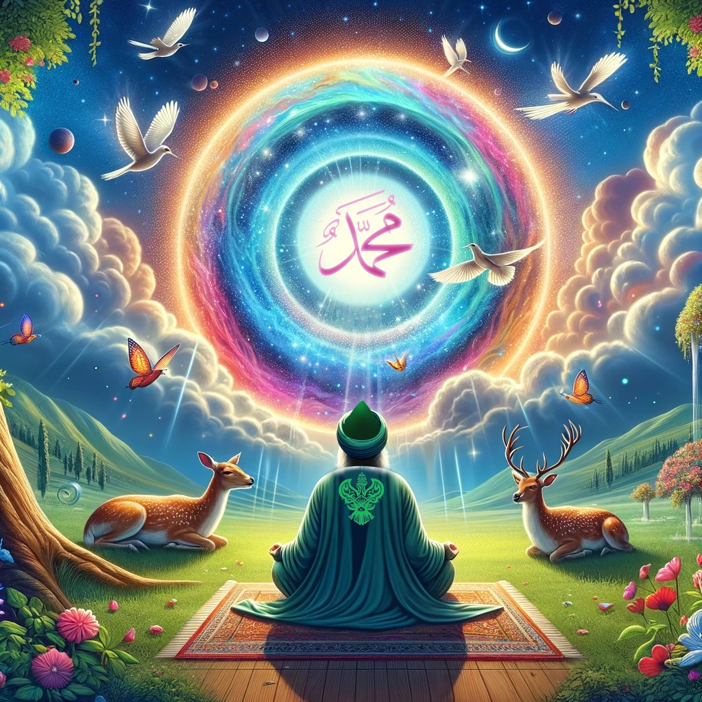 A sufi on a prayer mat outside with deers and a portal above him