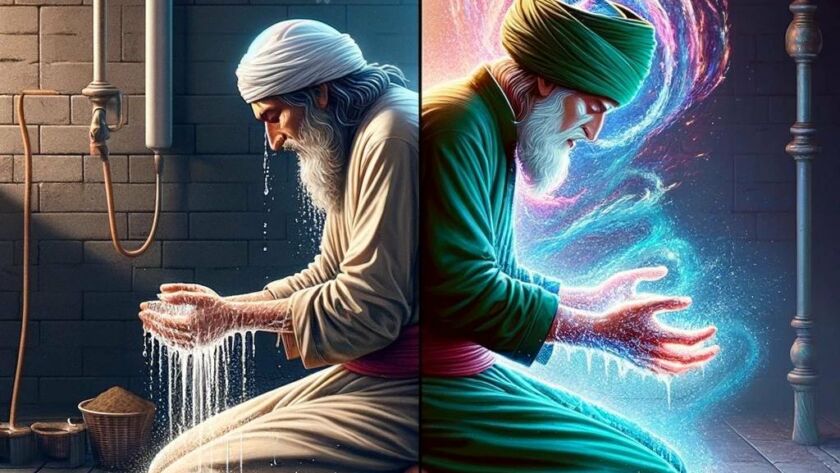 A sufi on the left doing wudu and the power of the wudu shown on the right