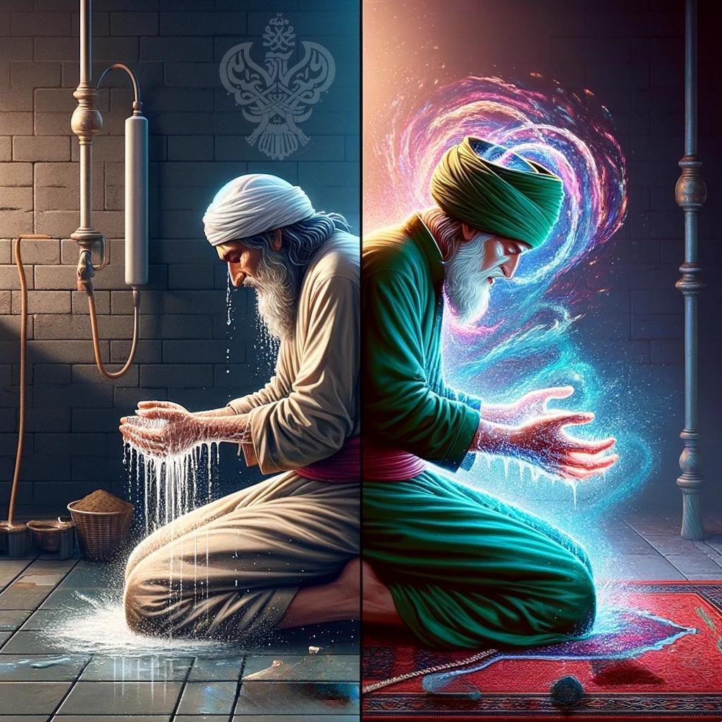 A sufi on the left doing wudu and the power of the wudu shown on the right
