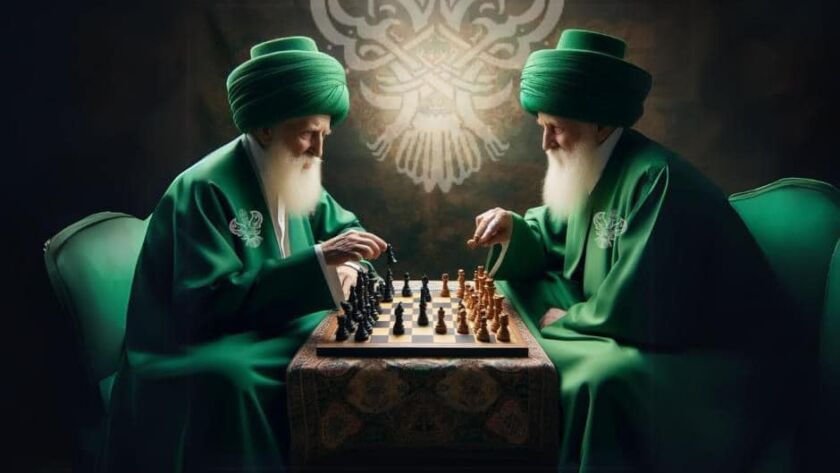 A sufi playing chess with another sufi in green