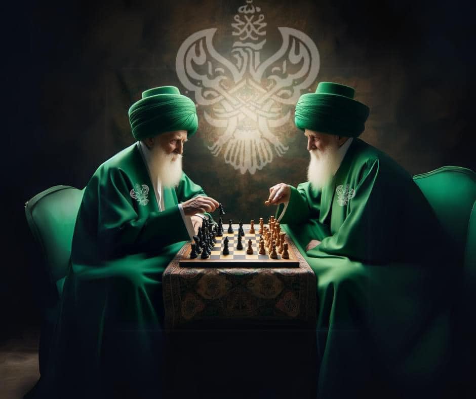 A sufi playing chess with another sufi in green