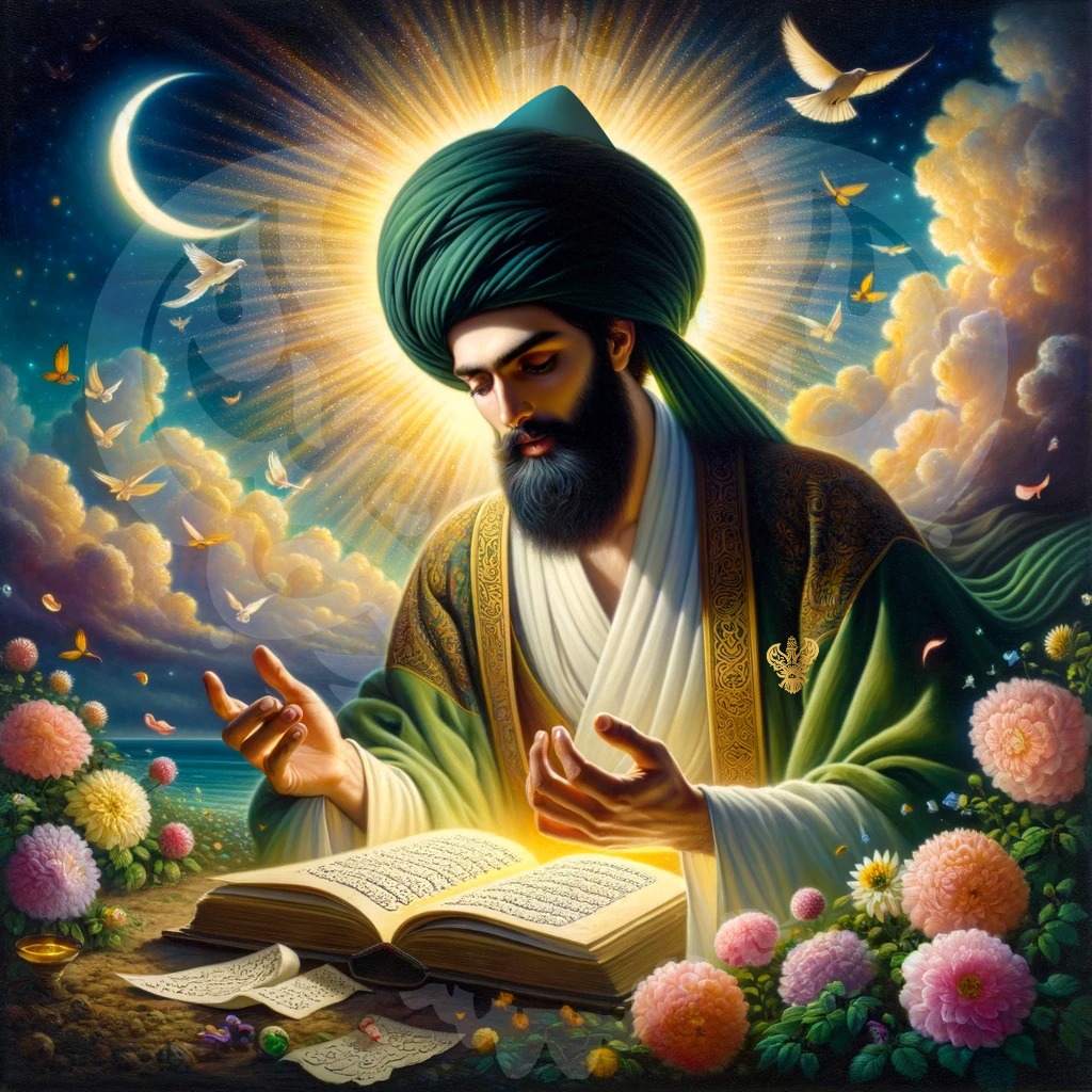 A sufi reading a book filled with light and with hands in prayer