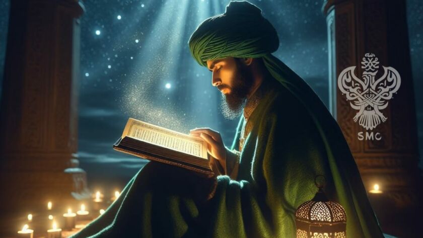 A sufi reading the quran at night with a lamp