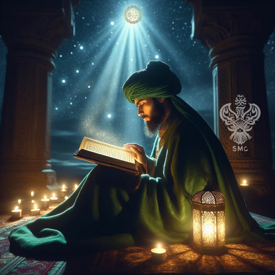 A sufi reading the quran at night with a lamp
