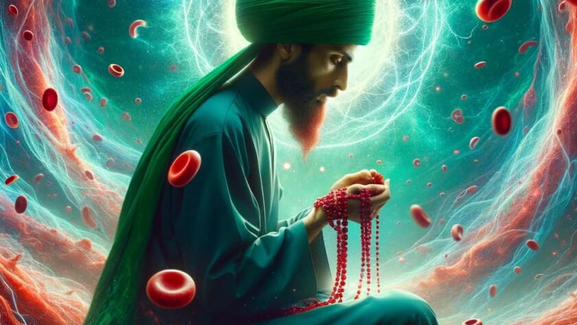 A sufi sitting on the air with a red tasbih and red blood cells in the air