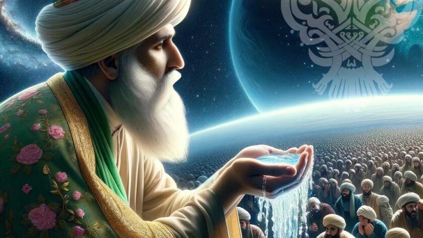 A sufi standing with water in his hands before lots of students in space