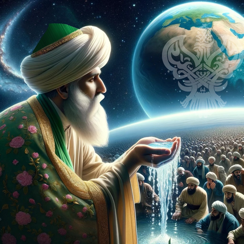 A sufi standing with water in his hands before lots of students in space